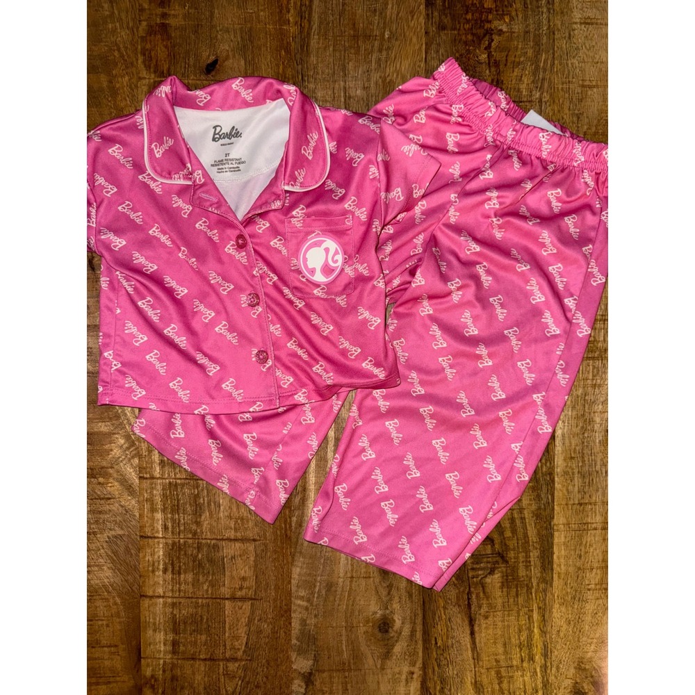 Barbie Girls Pink Logo Pajama Set 2pc Button Down Shirt Pants 2T